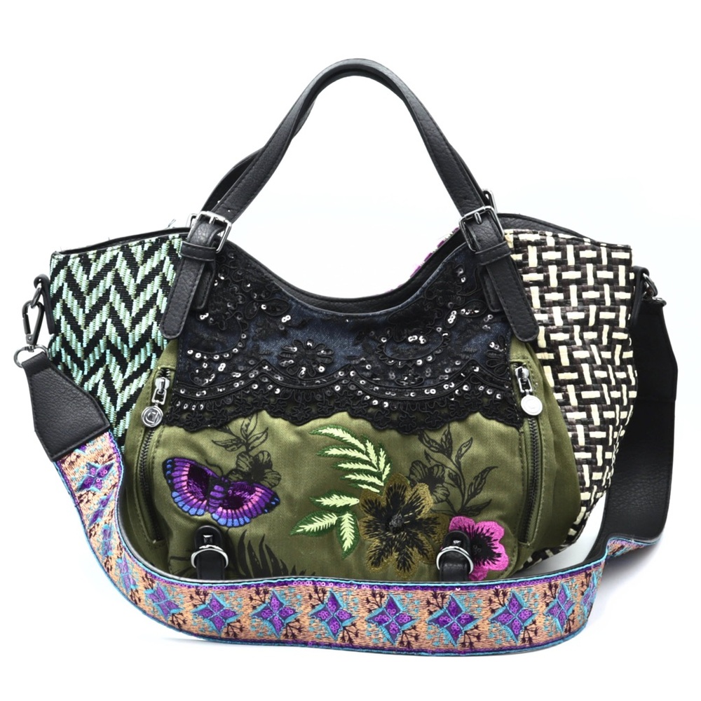 Desigual Large Patchwork Bag Embroidered Textured… - image 1